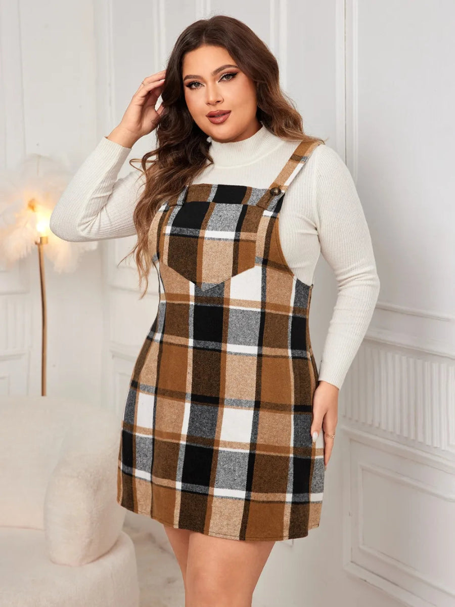Honey Plus Size Plaid Wide Strap Overall Dress-Nordavory