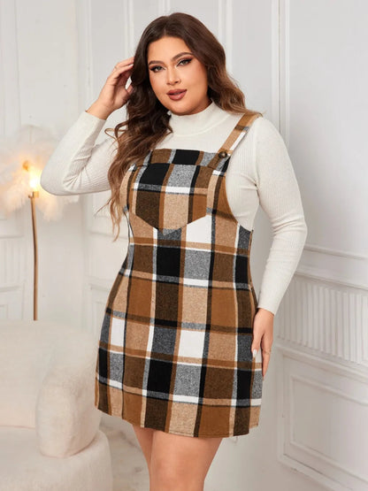 Honey Plus Size Plaid Wide Strap Overall Dress-Nordavory
