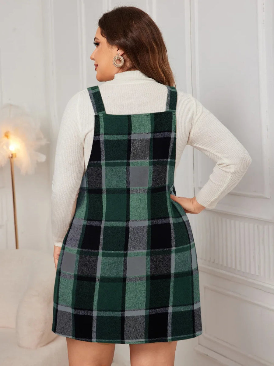 Honey Plus Size Plaid Wide Strap Overall Dress-Nordavory