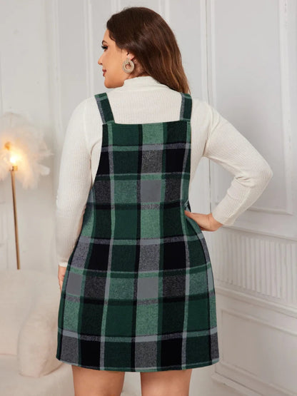 Honey Plus Size Plaid Wide Strap Overall Dress-Nordavory