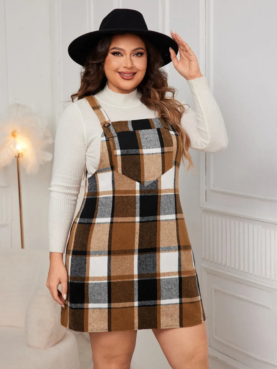 Honey Plus Size Plaid Wide Strap Overall Dress-Nordavory