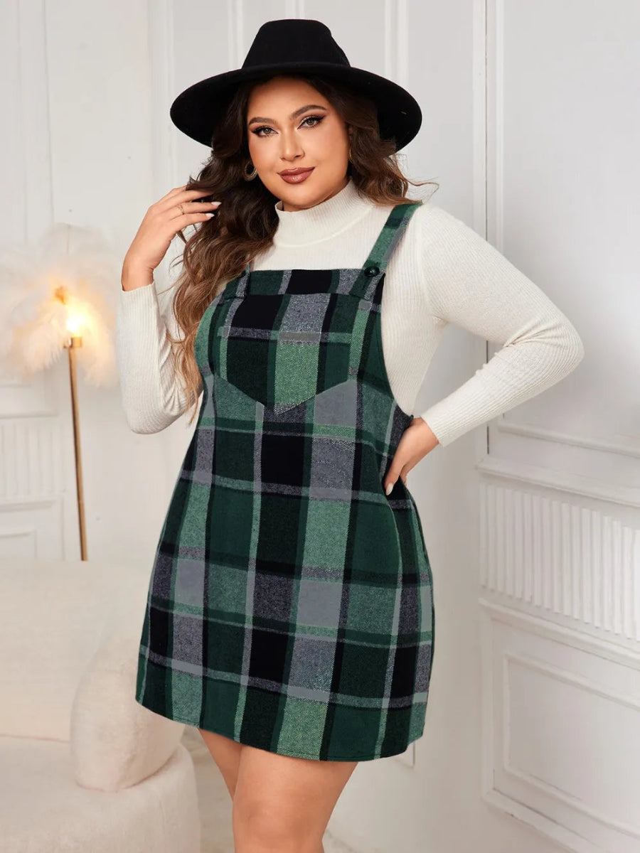 Honey Plus Size Plaid Wide Strap Overall Dress-Nordavory