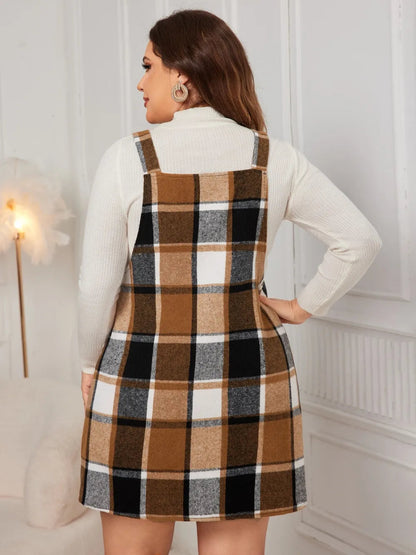 Honey Plus Size Plaid Wide Strap Overall Dress-Nordavory