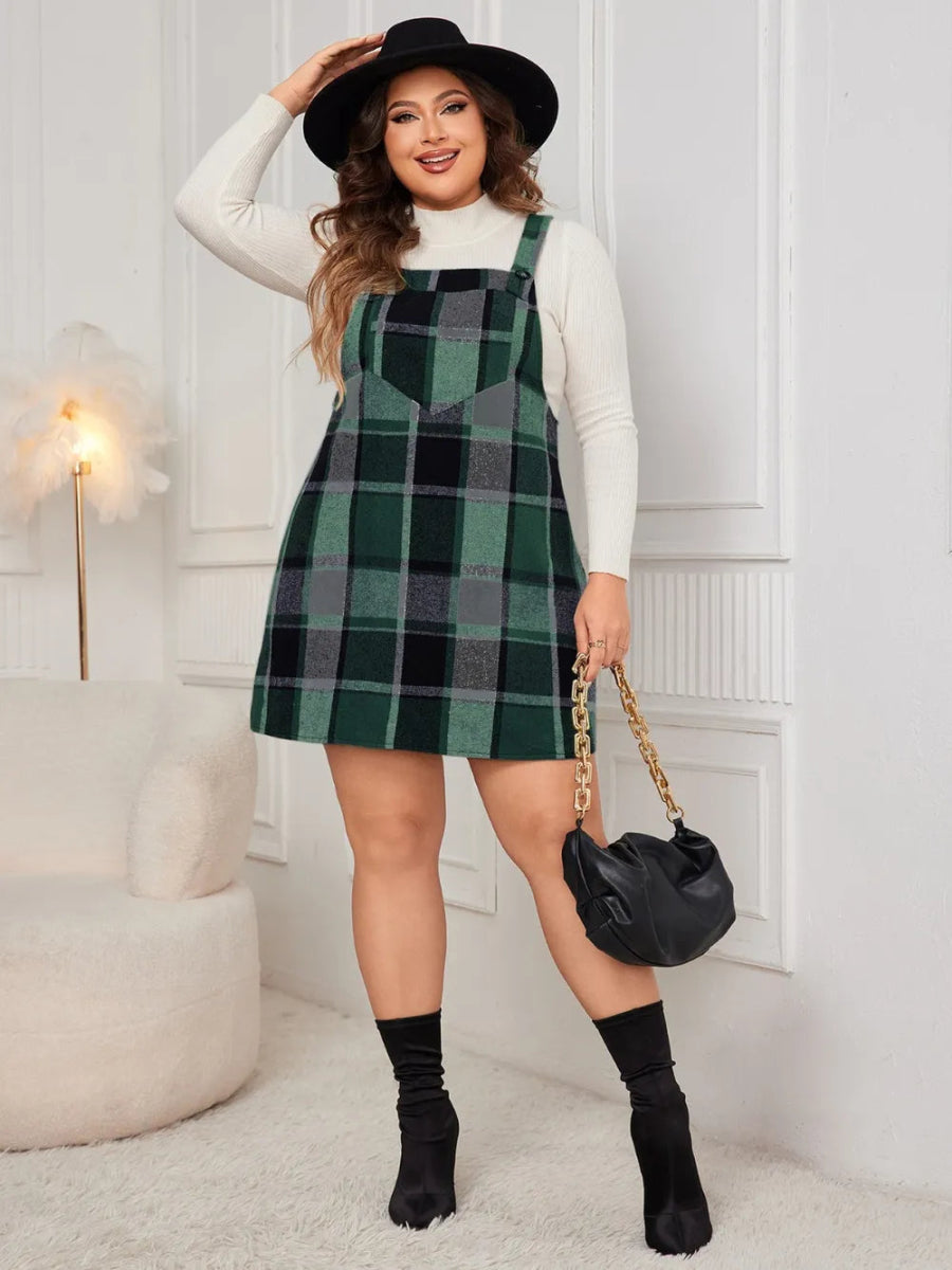 Honey Plus Size Plaid Wide Strap Overall Dress-Nordavory