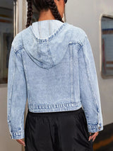 Hooded Drawstring Cropped Denim Jacket - Nordavory