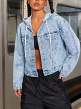 Hooded Drawstring Cropped Denim Jacket - Nordavory