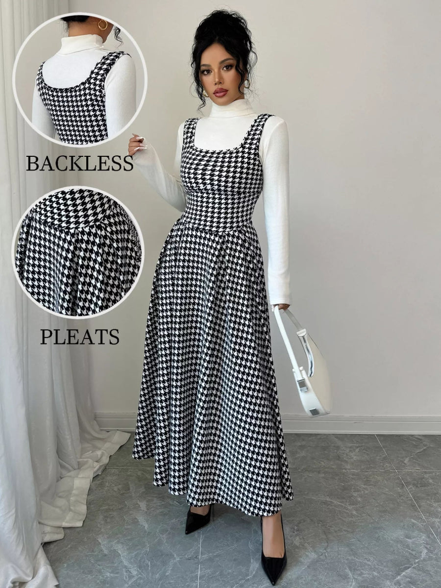 Houndstooth Sleeveless A-Line Dress-Nordavory