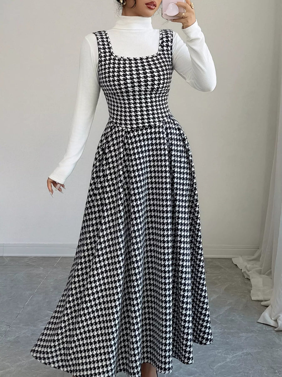 Houndstooth Sleeveless A-Line Dress-Nordavory