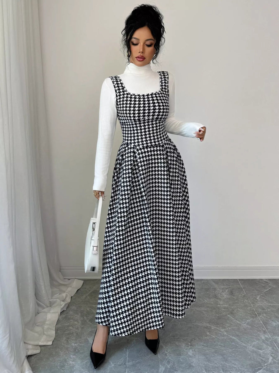 Houndstooth Sleeveless A-Line Dress-Nordavory