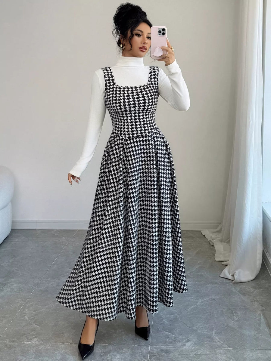 Houndstooth Sleeveless A-Line Dress-Nordavory