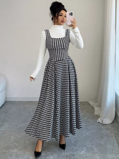 Houndstooth Sleeveless A-Line Dress-Nordavory