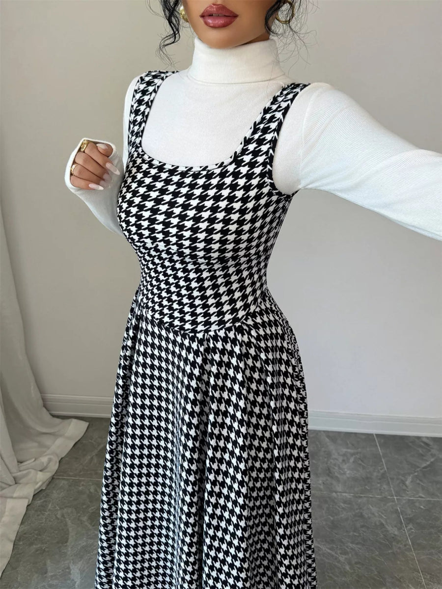 Houndstooth Sleeveless A-Line Dress-Nordavory