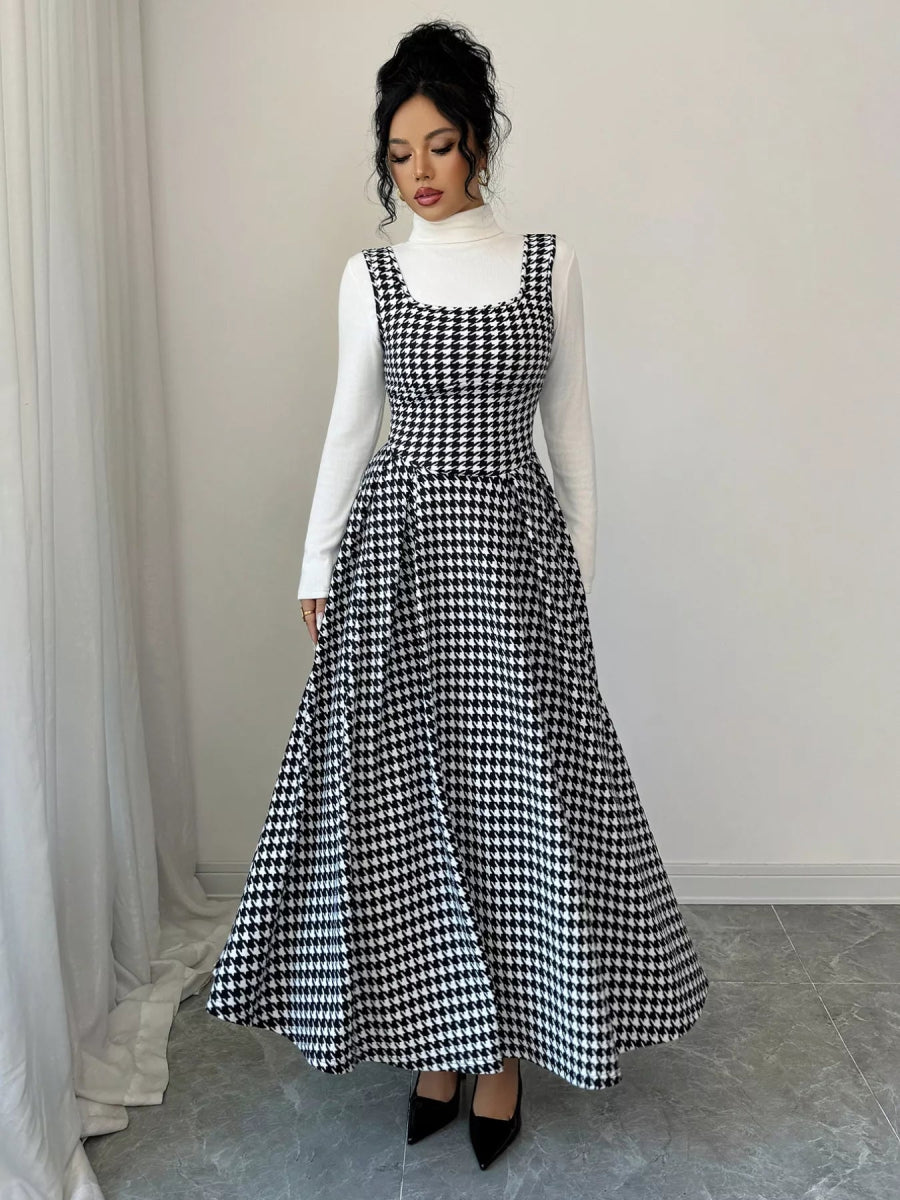 Houndstooth Sleeveless A-Line Dress-Nordavory