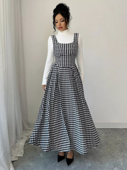 Houndstooth Sleeveless A-Line Dress-Nordavory