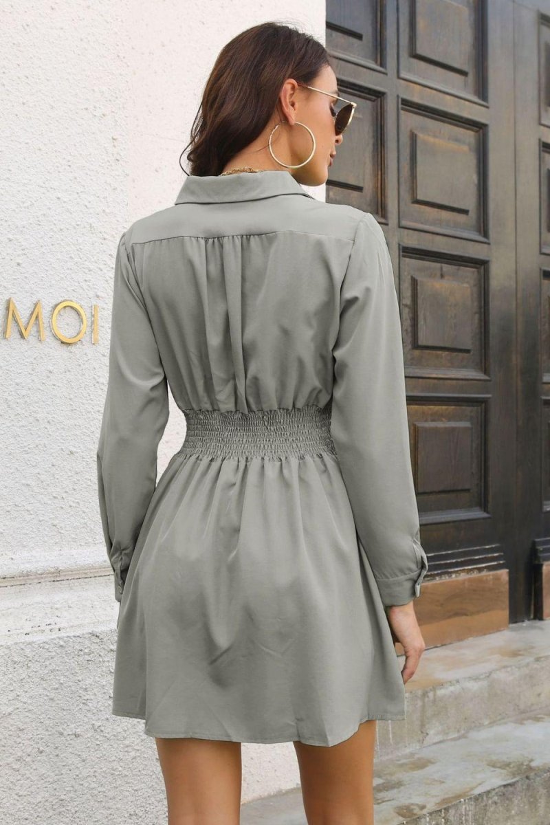 Johnny Collar Smocked Waist Long Sleeve Mini Dress-Nordavory