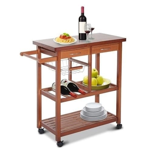 Kitchen Island Cart with Wine Rack and Wooden Cutting Board Top Other nordavory