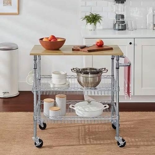 Kitchen Island Cart with Wood Top and 2 Bottom Storage Shelves on Other nordavory