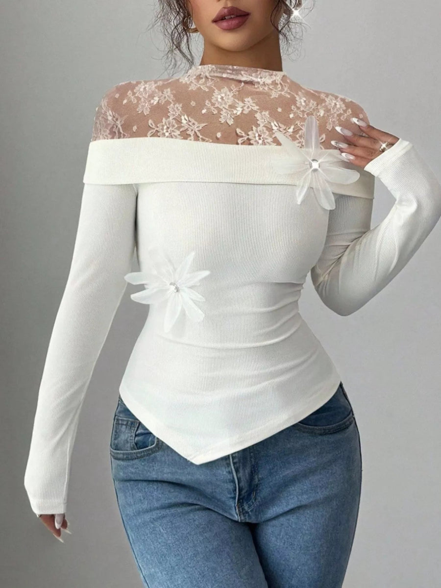 Lace Detail Long Sleeve Top-Nordavory