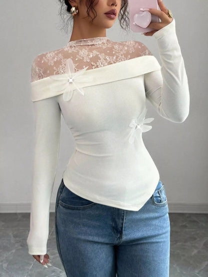 Lace Detail Long Sleeve Top-Nordavory