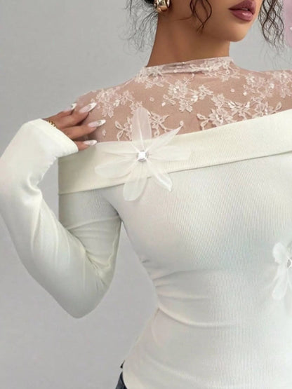 Lace Detail Long Sleeve Top-Nordavory