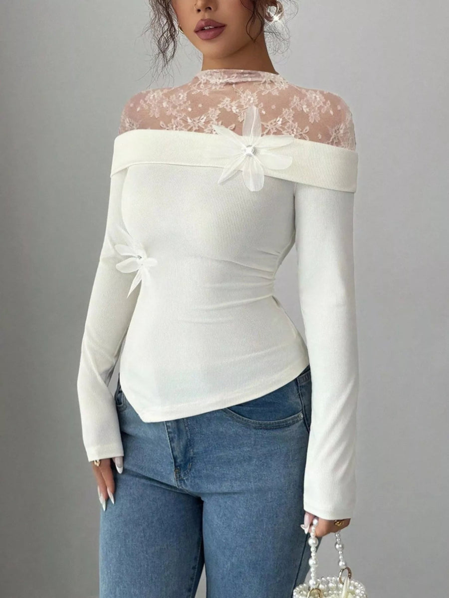 Lace Detail Long Sleeve Top-Nordavory