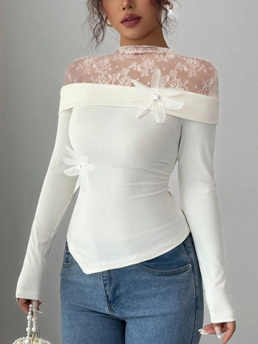 Lace Detail Long Sleeve Top-Nordavory