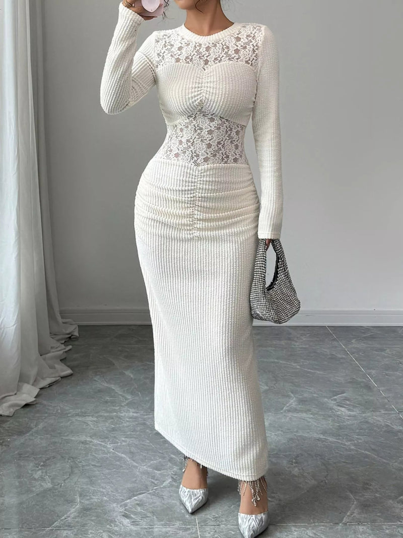 Lace Panel Ruched Bodycon Maxi Dress - Nordavory