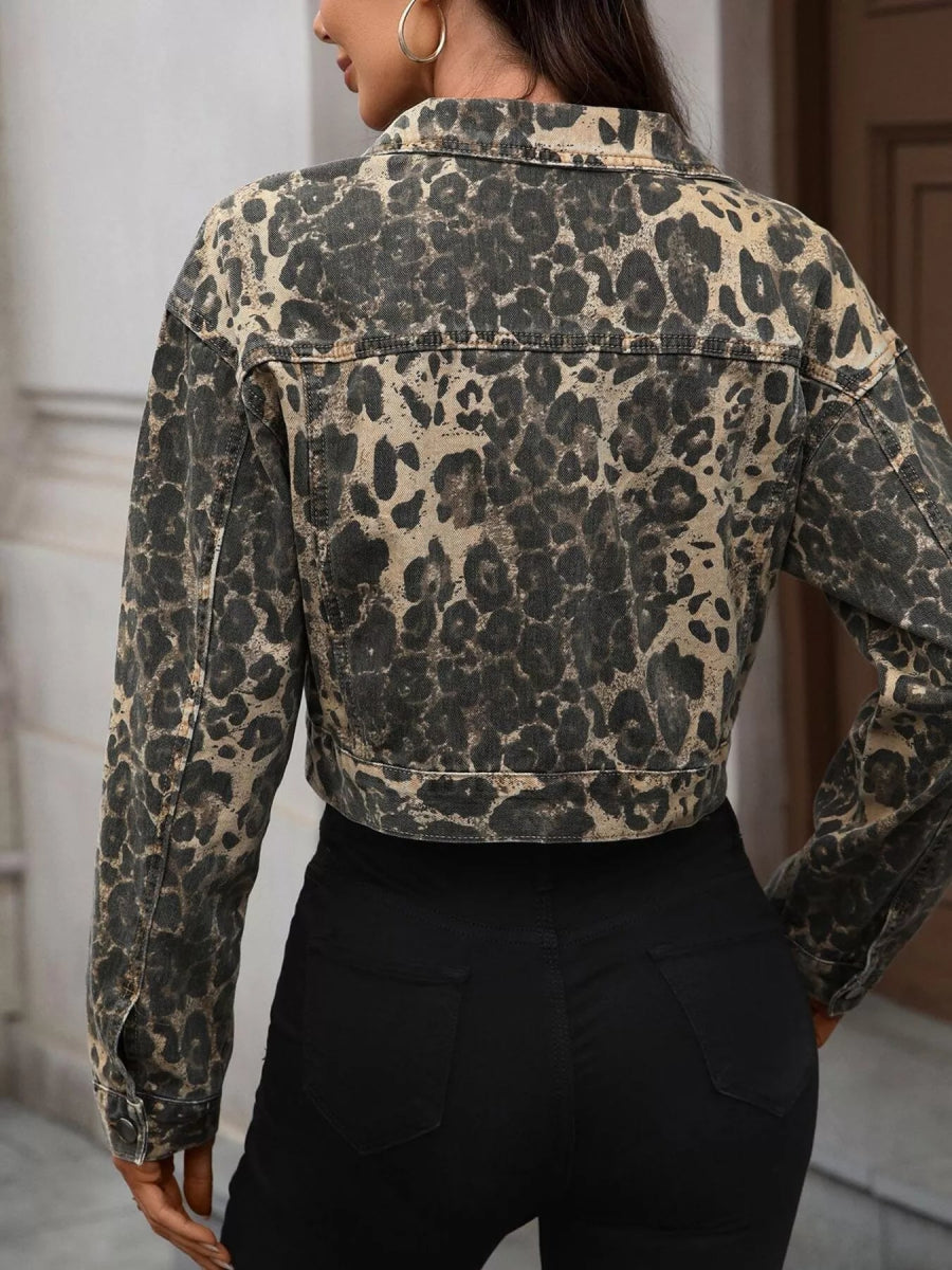 Leopard Button Up Cropped Denim Jacket-Nordavory