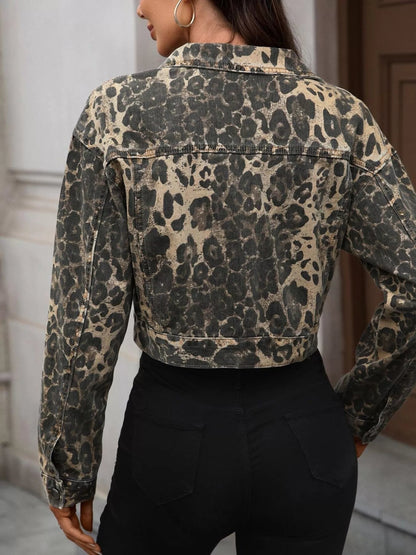Leopard Button Up Cropped Denim Jacket-Nordavory