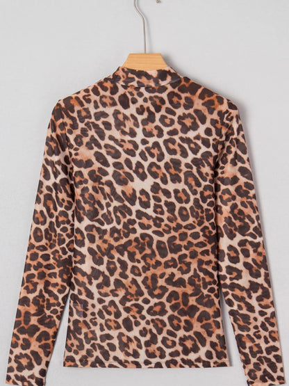 Leopard Mock Neck Long Sleeve Mesh Top-Nordavory