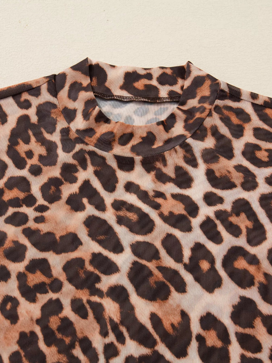 Leopard Mock Neck Long Sleeve Mesh Top-Nordavory