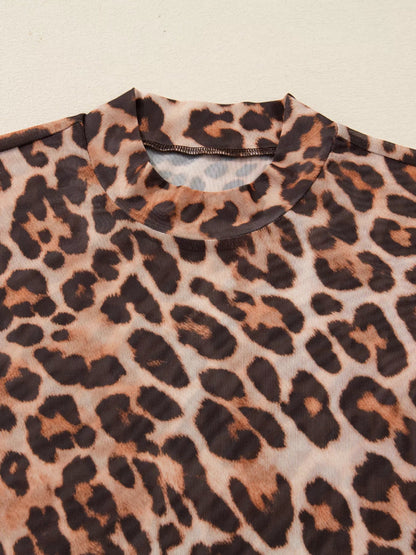 Leopard Mock Neck Long Sleeve Mesh Top-Nordavory