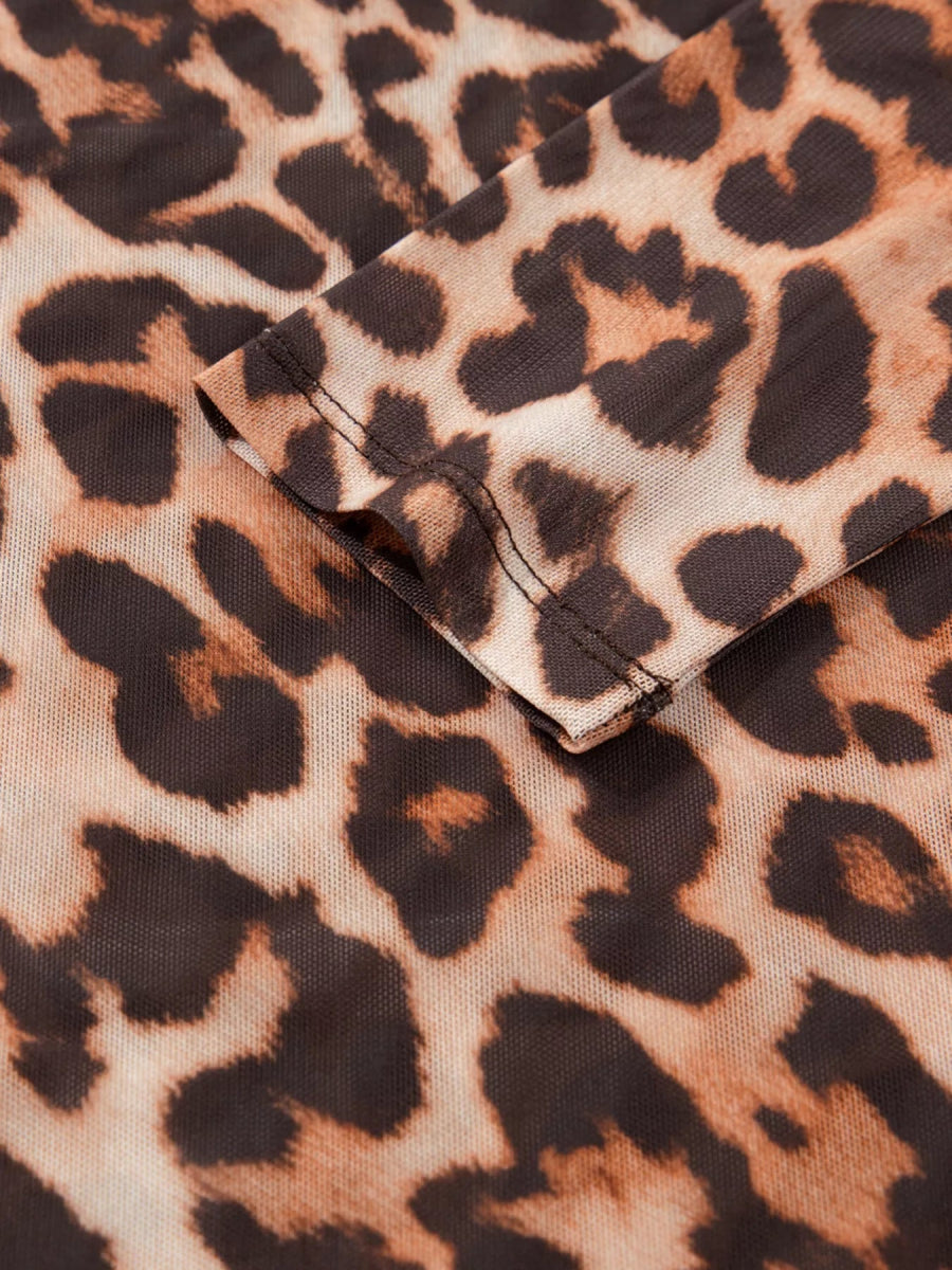 Leopard Mock Neck Long Sleeve Mesh Top-Nordavory