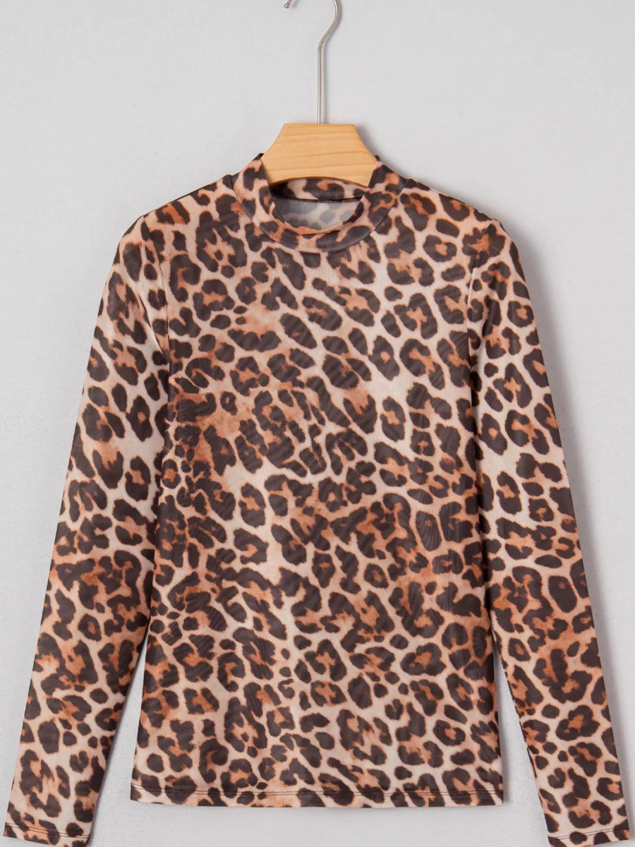 Leopard Mock Neck Long Sleeve Mesh Top-Nordavory