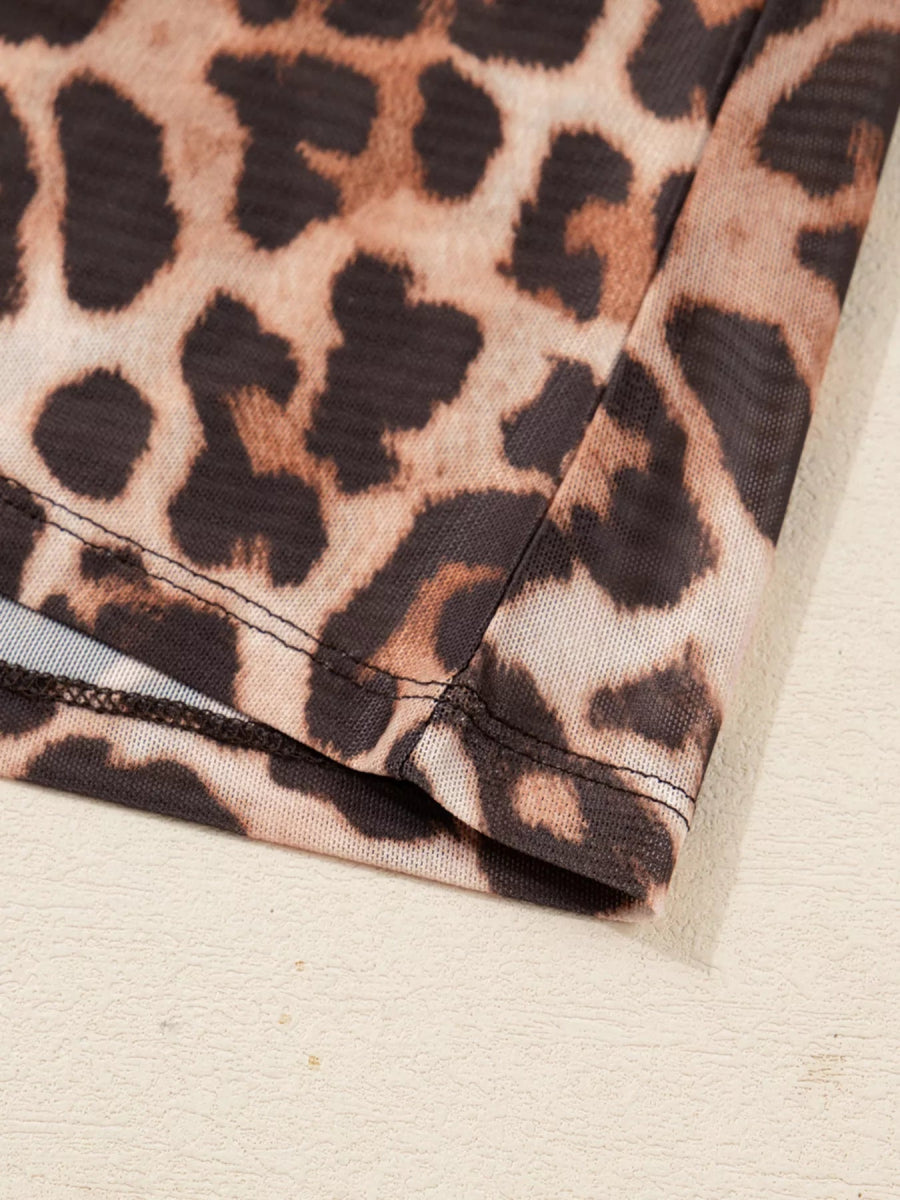 Leopard Mock Neck Long Sleeve Mesh Top-Nordavory
