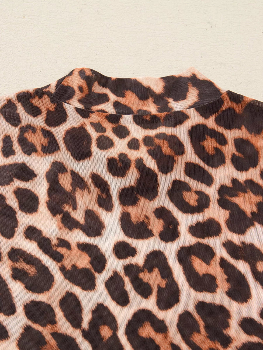 Leopard Mock Neck Long Sleeve Mesh Top-Nordavory