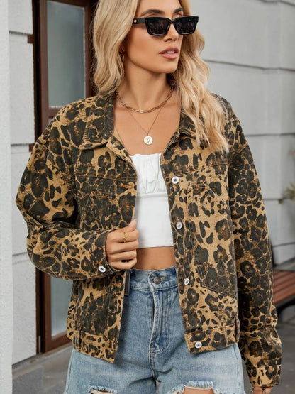 Leopard Print Button Up Denim Jacket-Nordavory