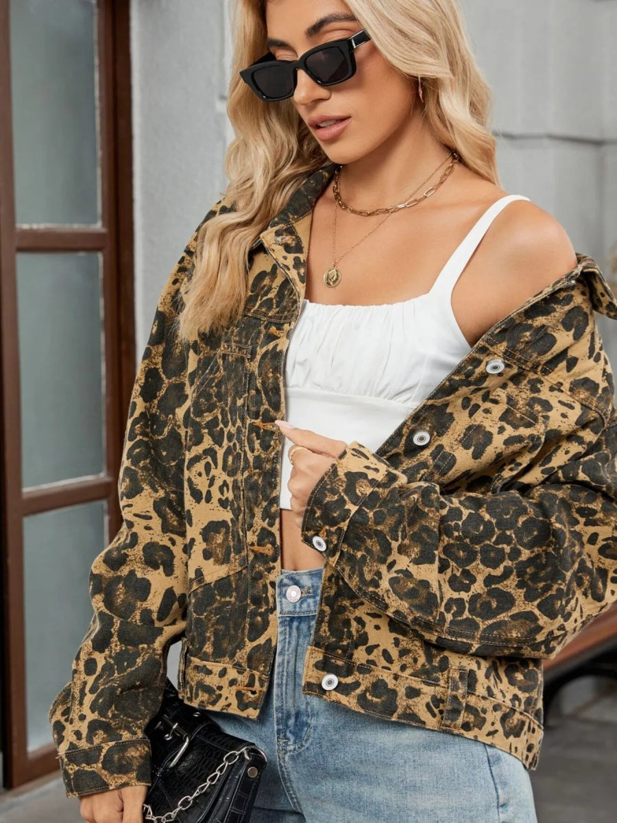Leopard Print Button Up Denim Jacket-Nordavory