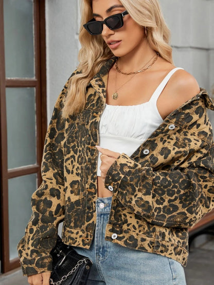 Leopard Print Button Up Denim Jacket-Nordavory