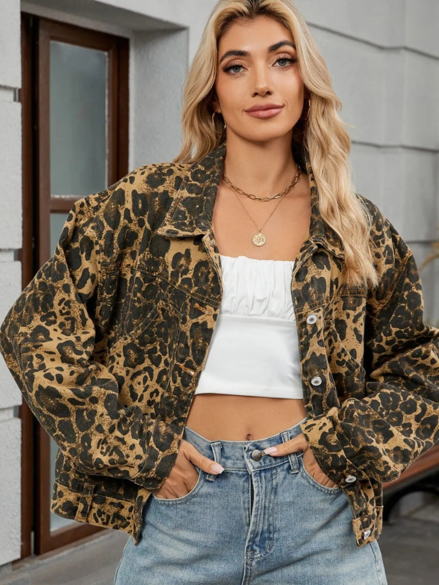 Leopard Print Button Up Denim Jacket-Nordavory