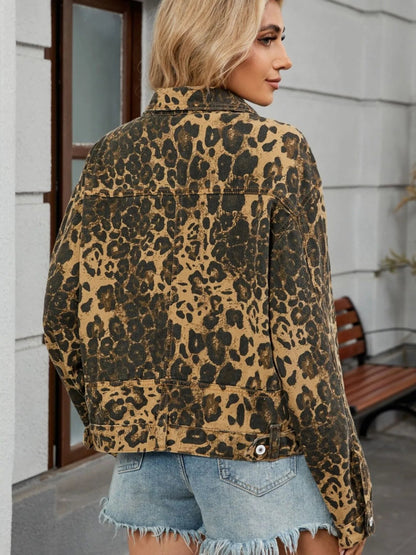 Leopard Print Button Up Denim Jacket-Nordavory