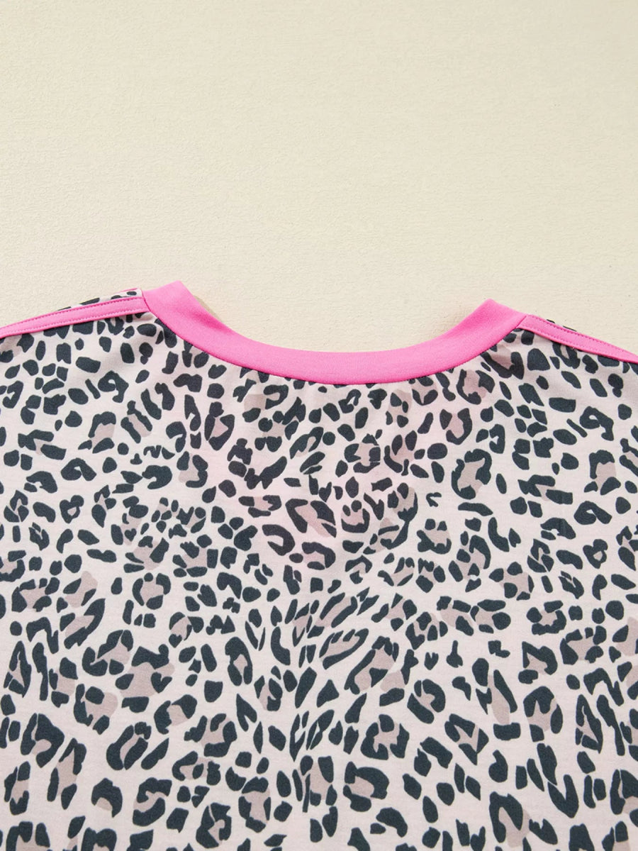 Leopard Print Contrast V Neck Varsity Stripe Detail Long Sleeve Top-Nordavory