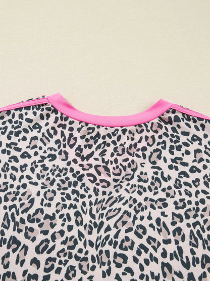 Leopard Print Contrast V Neck Varsity Stripe Detail Long Sleeve Top-Nordavory