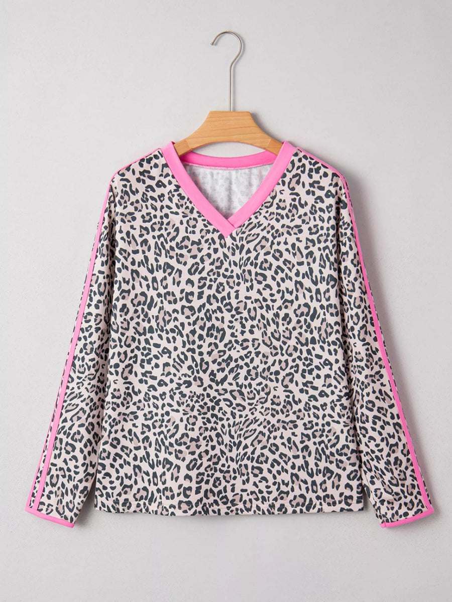 Leopard Print Contrast V Neck Varsity Stripe Detail Long Sleeve Top-Nordavory