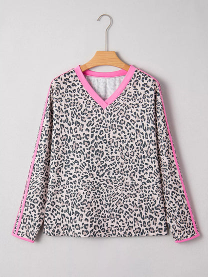 Leopard Print Contrast V Neck Varsity Stripe Detail Long Sleeve Top-Nordavory
