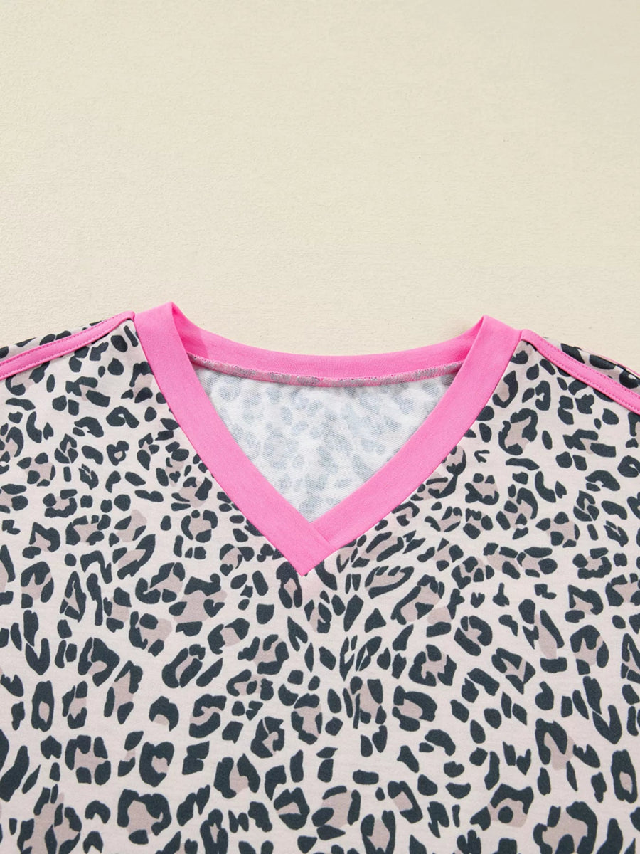 Leopard Print Contrast V Neck Varsity Stripe Detail Long Sleeve Top-Nordavory