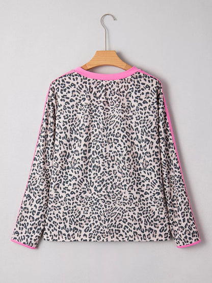 Leopard Print Contrast V Neck Varsity Stripe Detail Long Sleeve Top-Nordavory