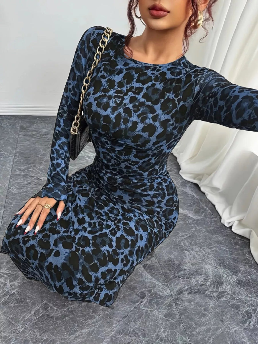 Leopard Print Long Sleeve Maxi Dress-Nordavory