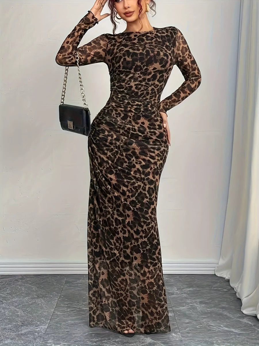 Leopard Print Long Sleeve Maxi Dress-Nordavory