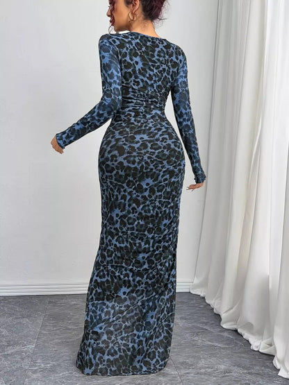 Leopard Print Long Sleeve Maxi Dress-Nordavory